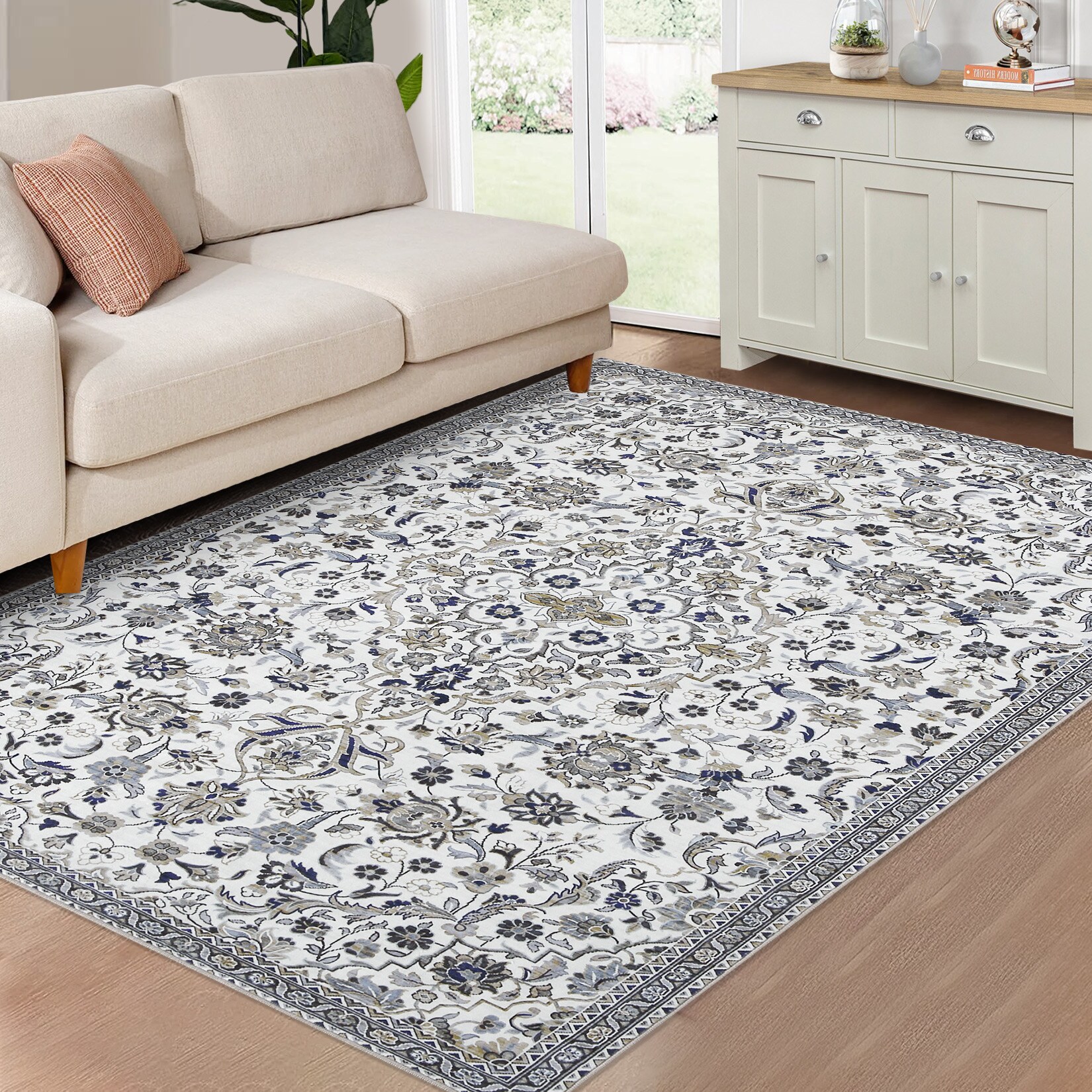 London Boutique Natural Floral Washable Rug Classic Area Rug Non-Slip Non-Shedding, (L)170cm x (W)120cm