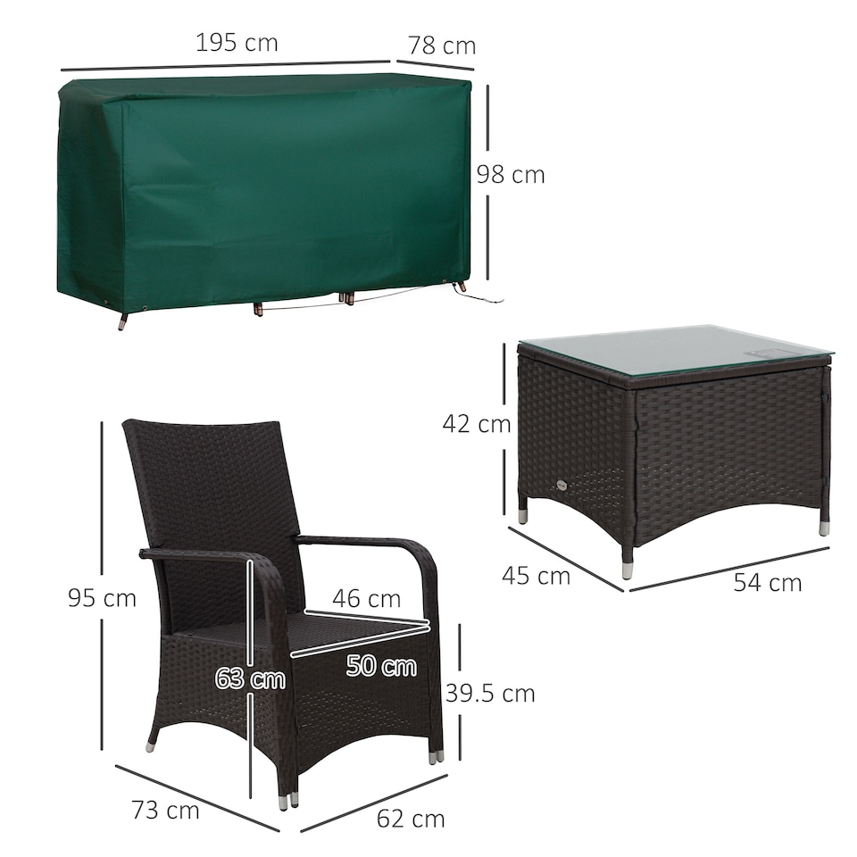 image 1 of Outsunny 3 Pieces Rattan Bistro Set with Furniture Cover, Wicker Garden Furniture Set, Glass Top Coffee Table and Chairs with Cushions for Outdoor, Patio, Balcony, Cream White