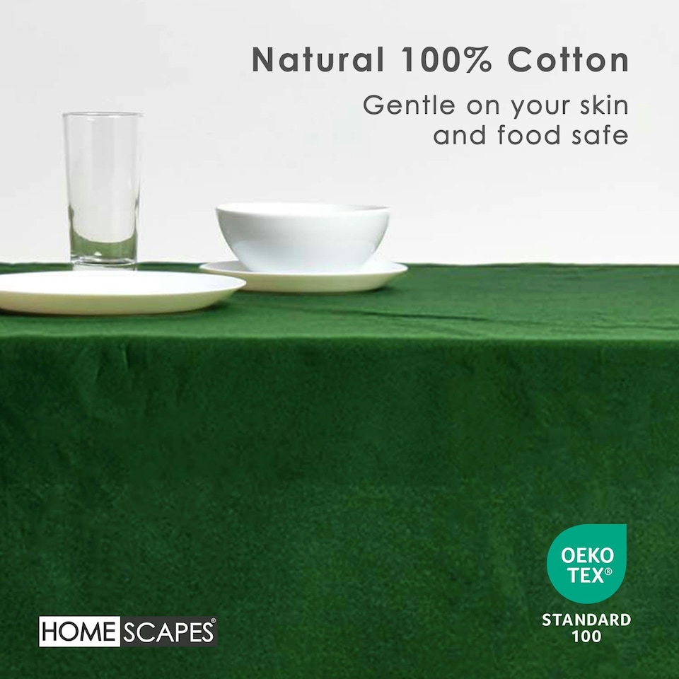 image 1 of Homescapes Plain Cotton Dark Green Tablecloth - 178 x 305 cm Green