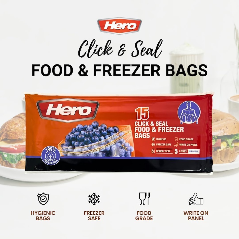 image 1 of Hero Sealable Freezer Bags 1.5L Pack of 15 Large Click Lock Food Storage Bags BPA Free for Fruits, Vegetables and Meal Prep