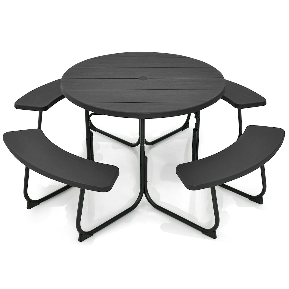 image 1 of COSTWAY 8 person Round Picnic Table Bench Set Picnic Table W/4 Benches