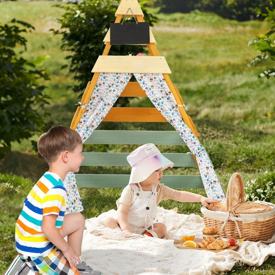 image 1 of COSTWAY Wooden Play Tent Indoor Kids Teepee Tent Triangle Hideaway Playhouse