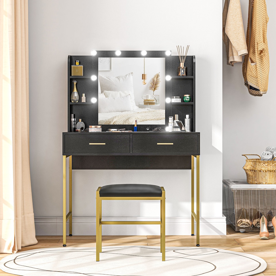 image 1 of HOMCOM Dressing Table with Lighted Mirror, Cushioned Stool, Drawers, Shelves, LED Makeup Vanity Desk Set, Modern Dresser Vanity Table for Bedroom, Black