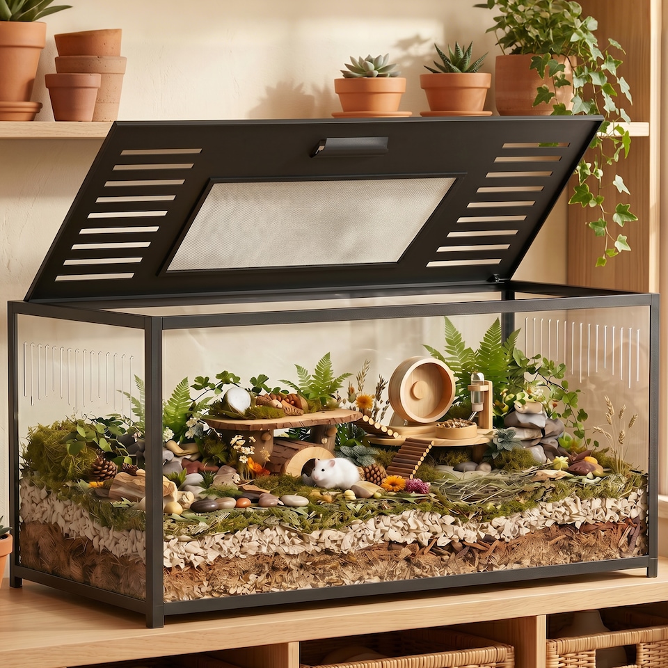 image 1 of PawHut Large Hamster Cage, Chewproof Metal Rat Cage with Openable Top, Black