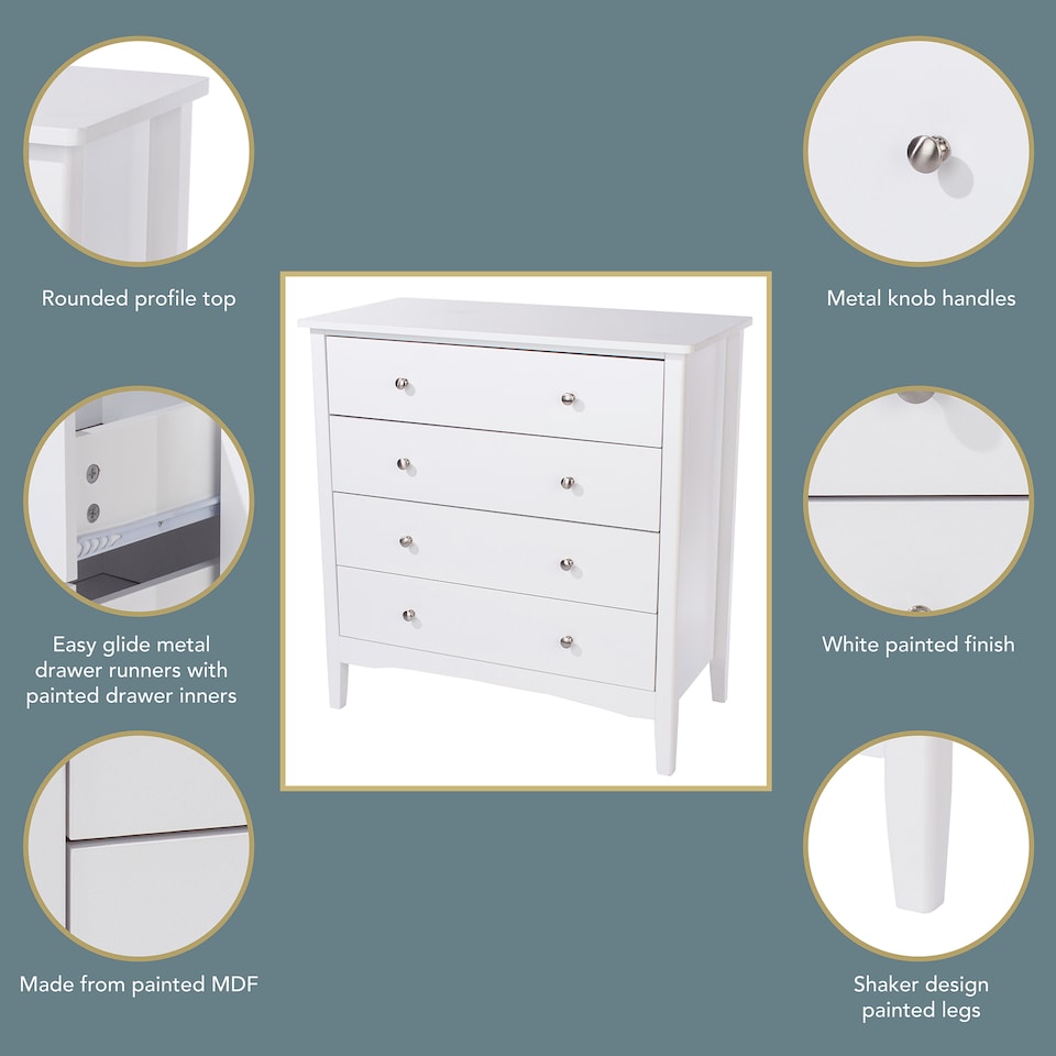 image 1 of Como 4 Drawer Chest of Drawers - Shaker Style Bedroom Storage Cabinet with Compact Design | White | White | 1