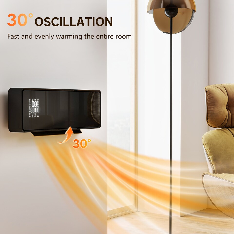 image 1 of HOMCOM 2000W Ceramic Electric Heater with Fan, Wall Mounted, Black | Black