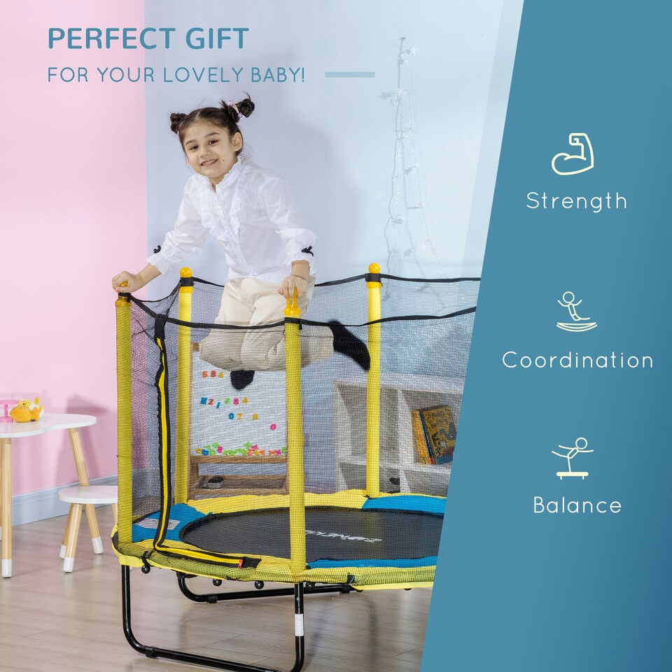 image 1 of HOMCOM 4.6FT Kids Trampoline w/ Enclosure, for Kids 3-10 Years - Yellow