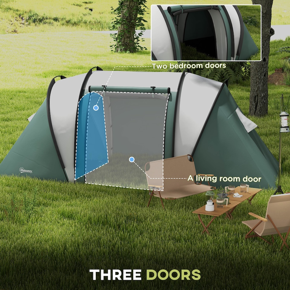 image 1 of Outsunny 2 Bedroom Camping Tent with Living Area, 3000mm Waterproof, Green