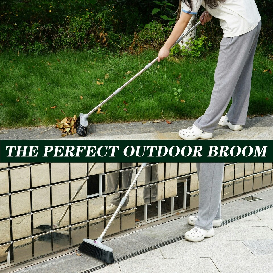 image 1 of Heavy Duty Stainless Steel Broom with Handle Outdoor Garden Hard Bristle Brush