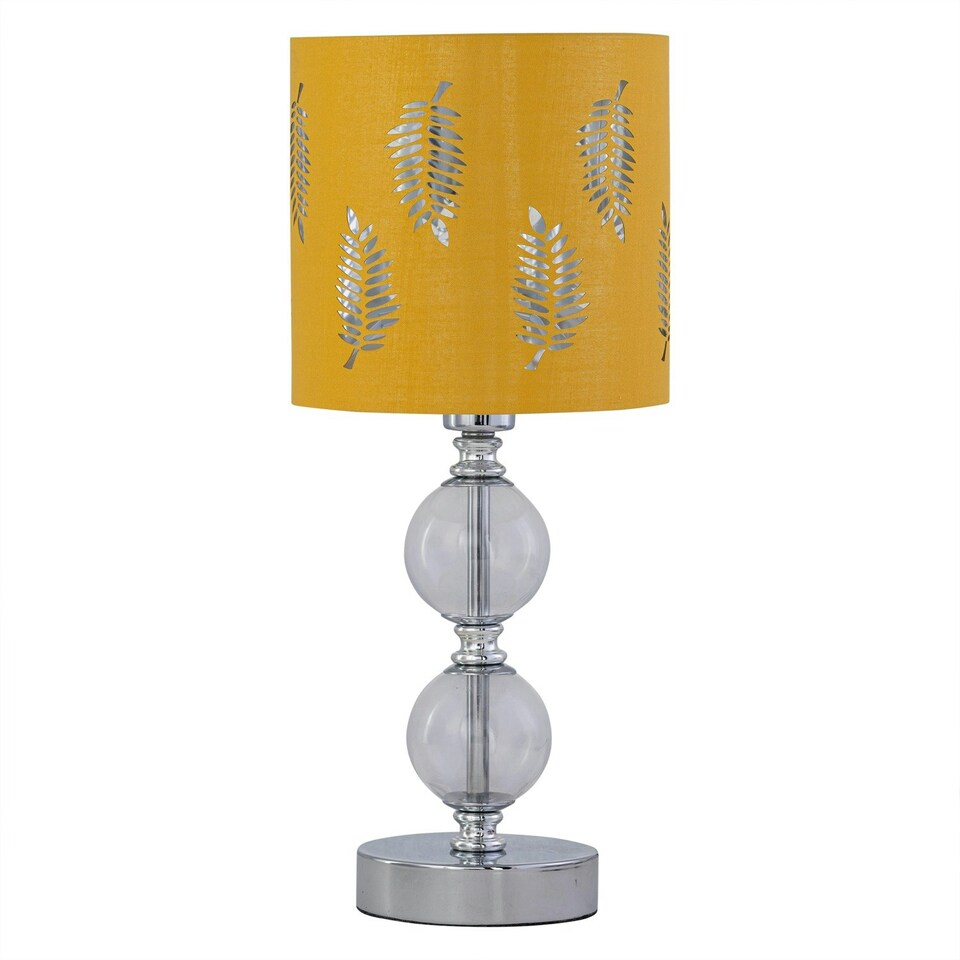 image 1 of First Choice Lighting Set of 2 Chrome Two Ball Table Lamps with Ochre Mustard Fern Shades Chrome | Yellow