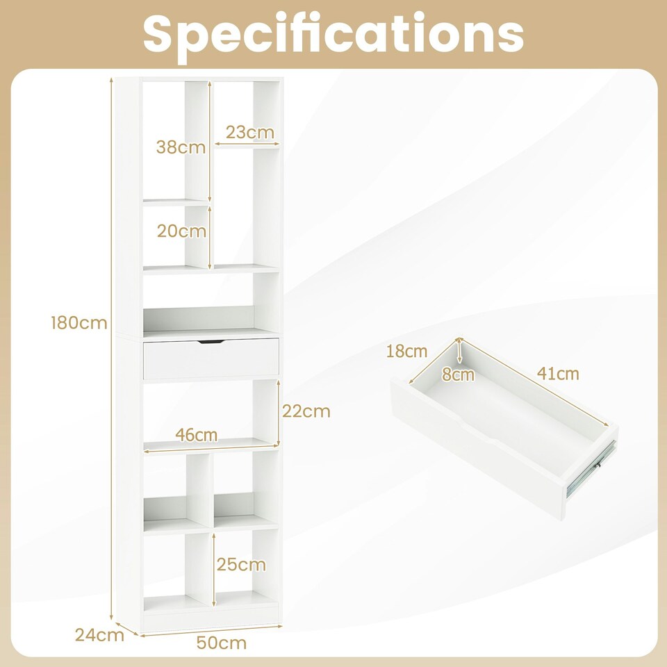 image 1 of COSTWAY 180CM Bookcase Modern Bookshelf with 10 Open Cubes White