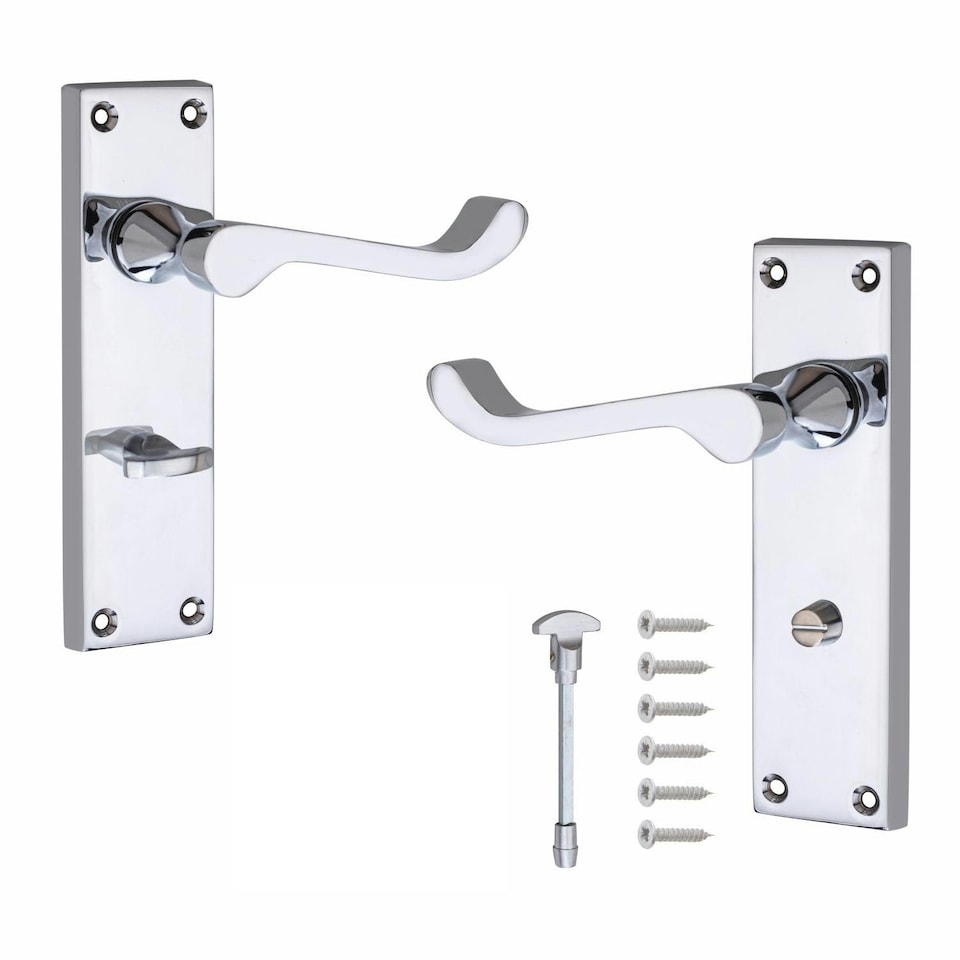 image 1 of Golden Grace Victorian Scroll Bathroom Door Handles Lock Pack in Polished Chrome Finish with 64mm Bathroom Lock & 3" Hinges | Chrome | 1 Set