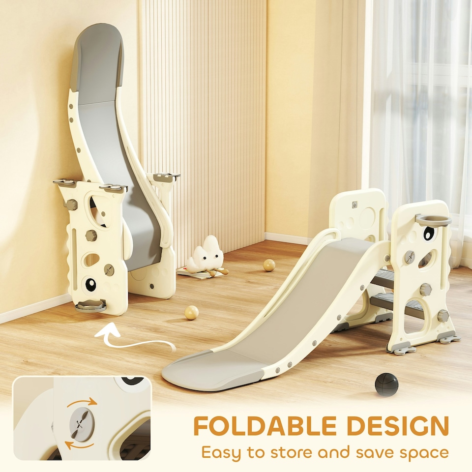 image 1 of AIYAPLAY Foldable Kids Slide with Climber, Basketball Hoop, Cream White