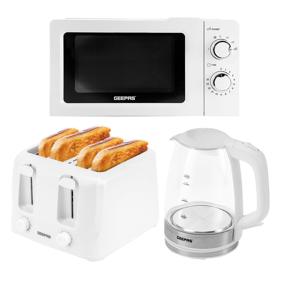 image 1 of GEEPAS Electric Kettle 4 Slice Bread Toaster & Microwave Kitchen Set White