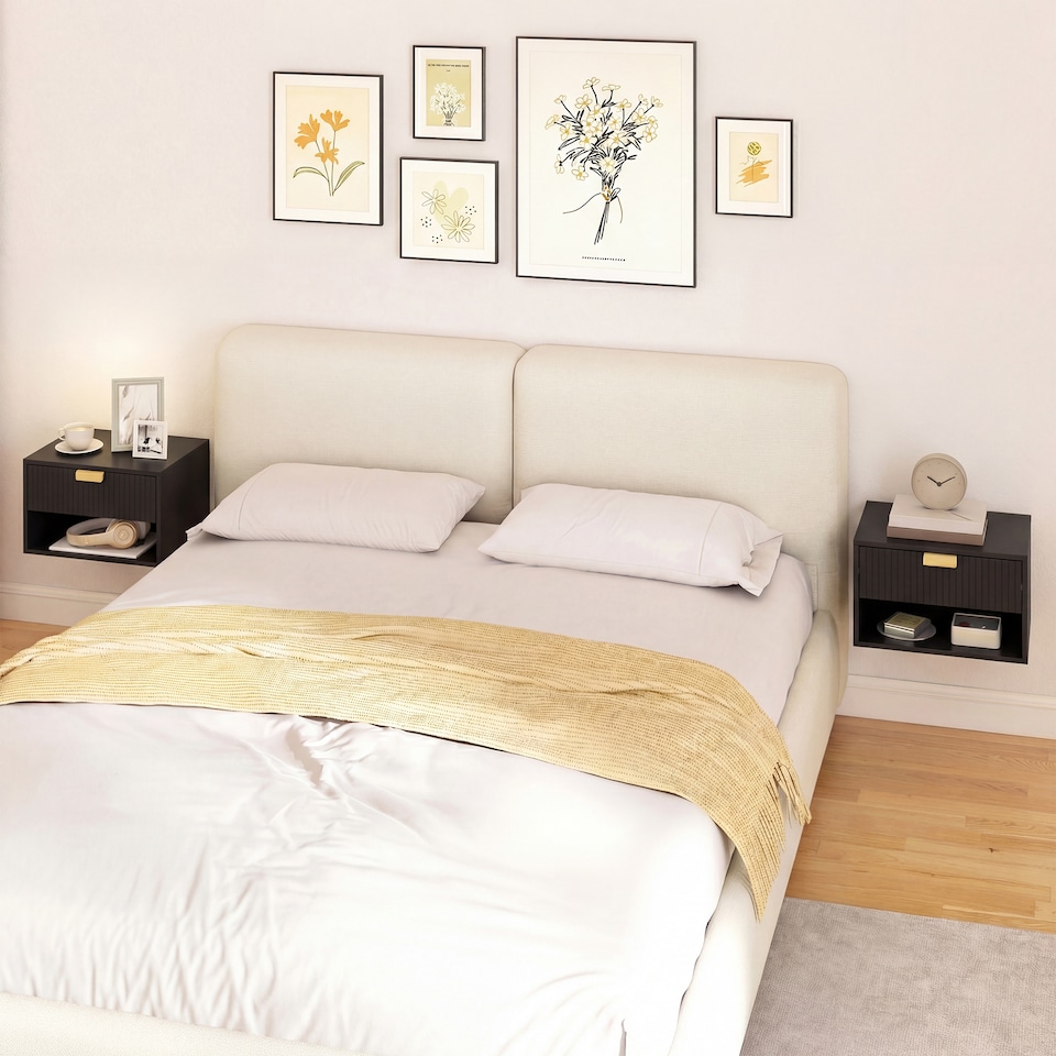 image 1 of HOMCOM Floating Bedside Tables Set of 2 with Fluted Drawer Open Shelf | Black | Black | 40W x 30D x 25H cm