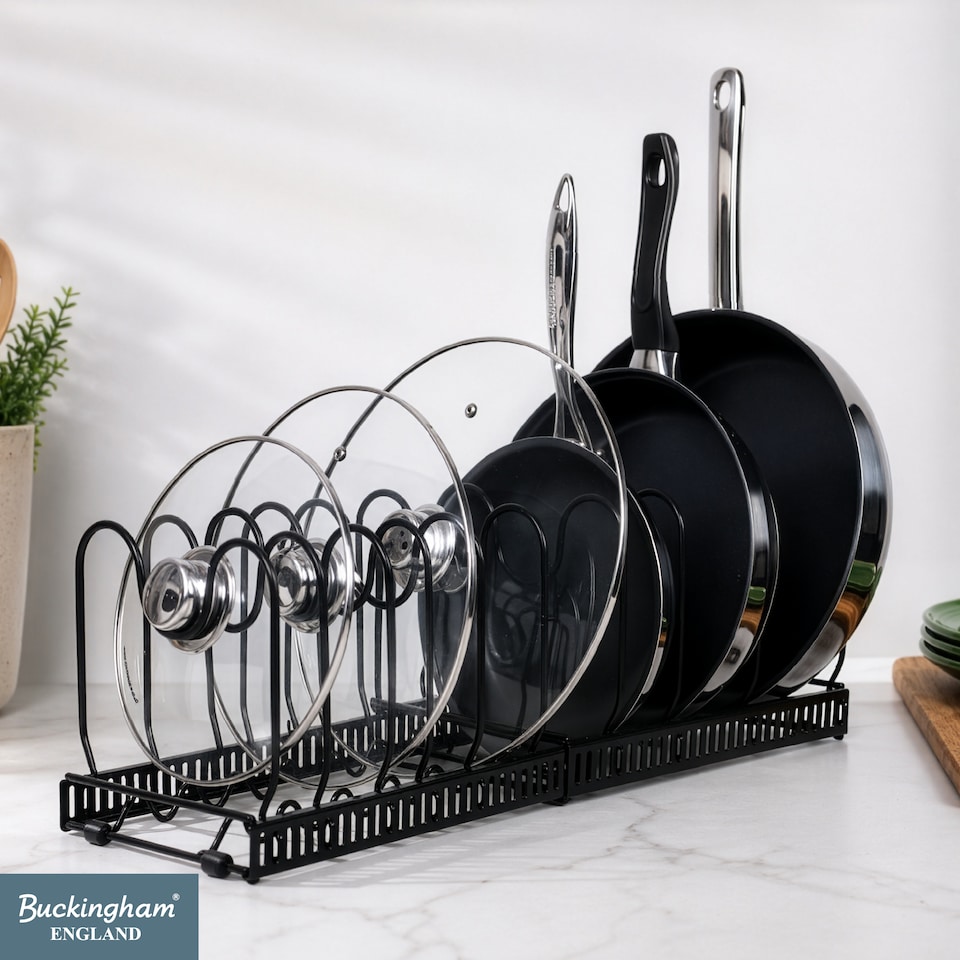 image 1 of Buckingham Expandable Pot, Pan & Lid Organising Rack 10 Dividers - Black | Black