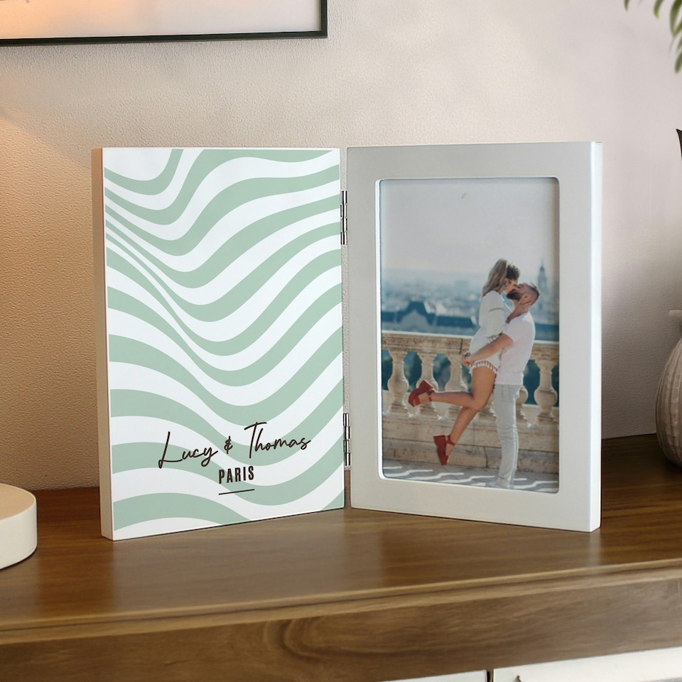 image 1 of Personalised Wooden Hinged 6x4 Photo Frame | White | One Size