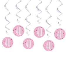 Pink Glitz Age 40 Holographic Hanging Swirl Decorations - Pack of 6