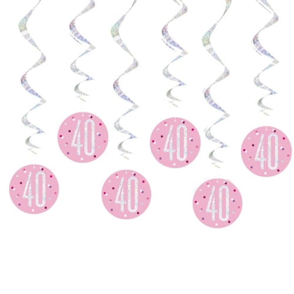 Pink Glitz Age 40 Holographic Hanging Swirl Decorations - Pack of 6