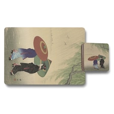 Set of 12 Placemats and Coasters with Designer Artwork Wood Bottom