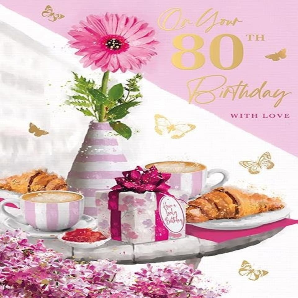 Words 'n' Wishes Traditional Female 80th Happy Birthday Card, Pink Flower & Butterfly design