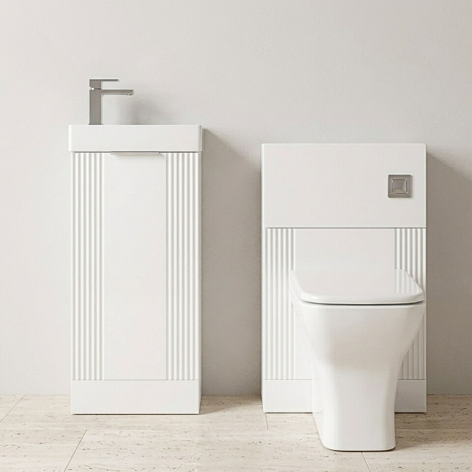 image 1 of Balterley Retro Cloakroom Bundle - Fluted Floor Standing Vanity Unit, WC Unit, Cistern, Toilet Pan & Tap - Balterley | White | Satin White