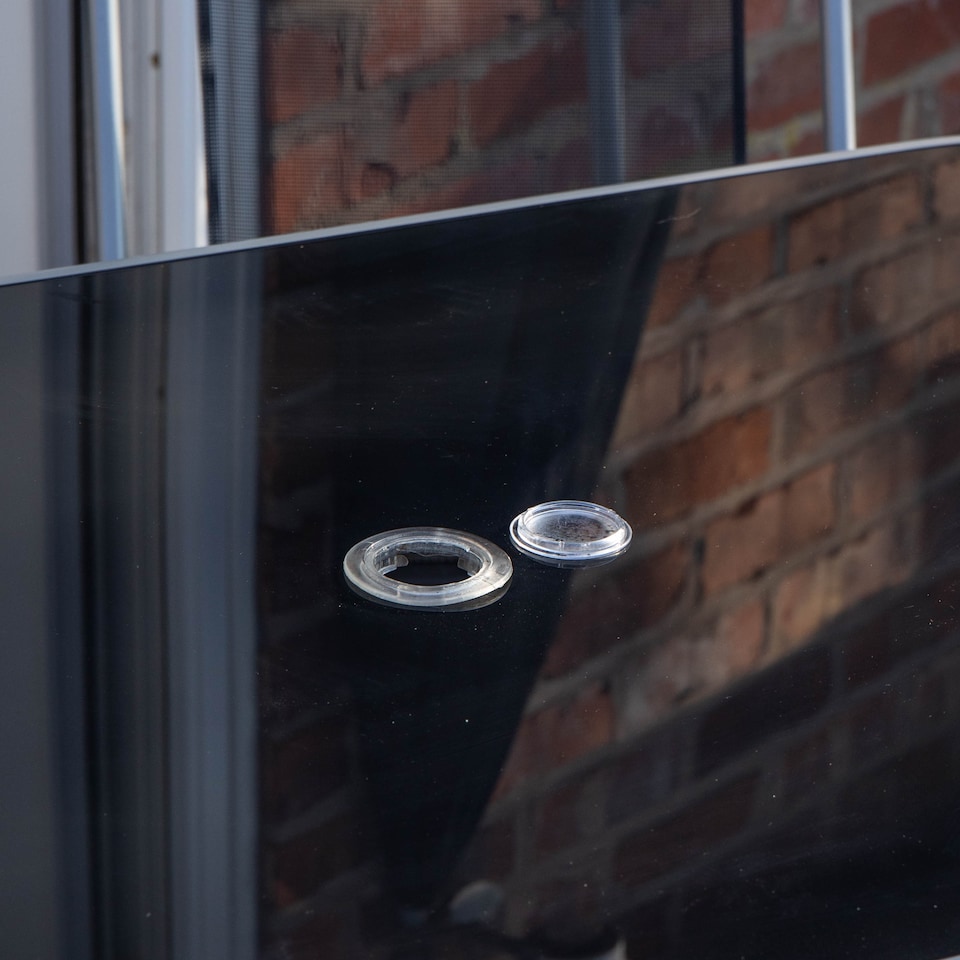 image 1 of 6 Person Garden Furniture Patio Set Table, 6 Chairs & Parasol with Black Glass