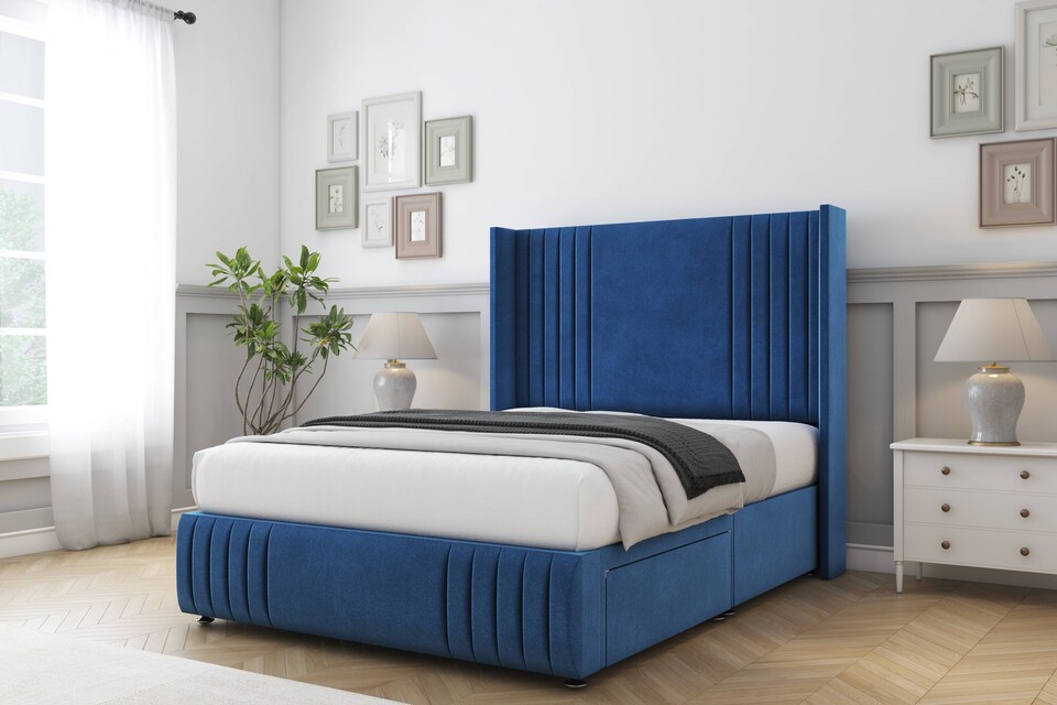 image 1 of Sloomy Camden Navy Plush Divan Bed With Mattress No Drawers With 54" Wingback Headboard & 12" Matching Footboard 6' Super King | Blue | Navy | Super King | 1