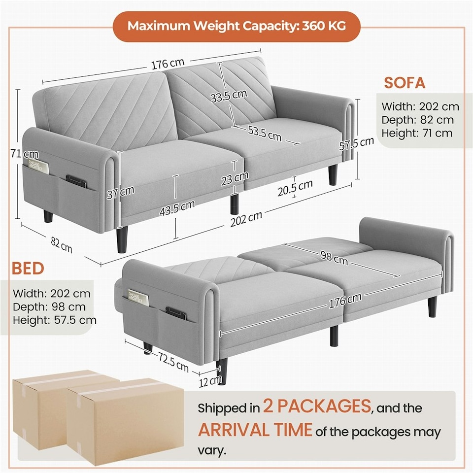 image 1 of Yaheetech Fabric 3-Seater Sofa Bed for Limited Space Grey | Light Grey