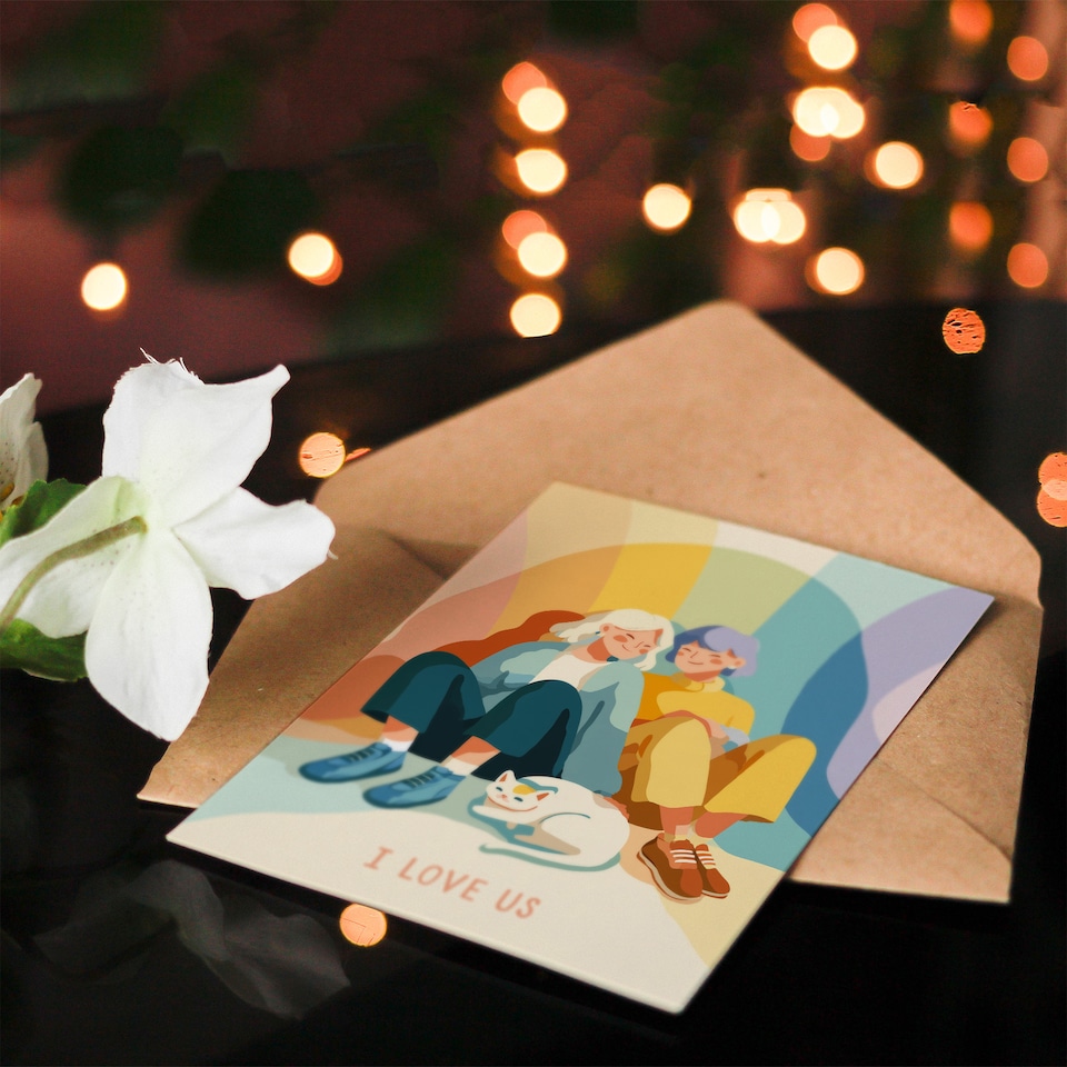 image 1 of Love Us Lgbtq Partners With Pet Cat Colourful Valentine's Day Card