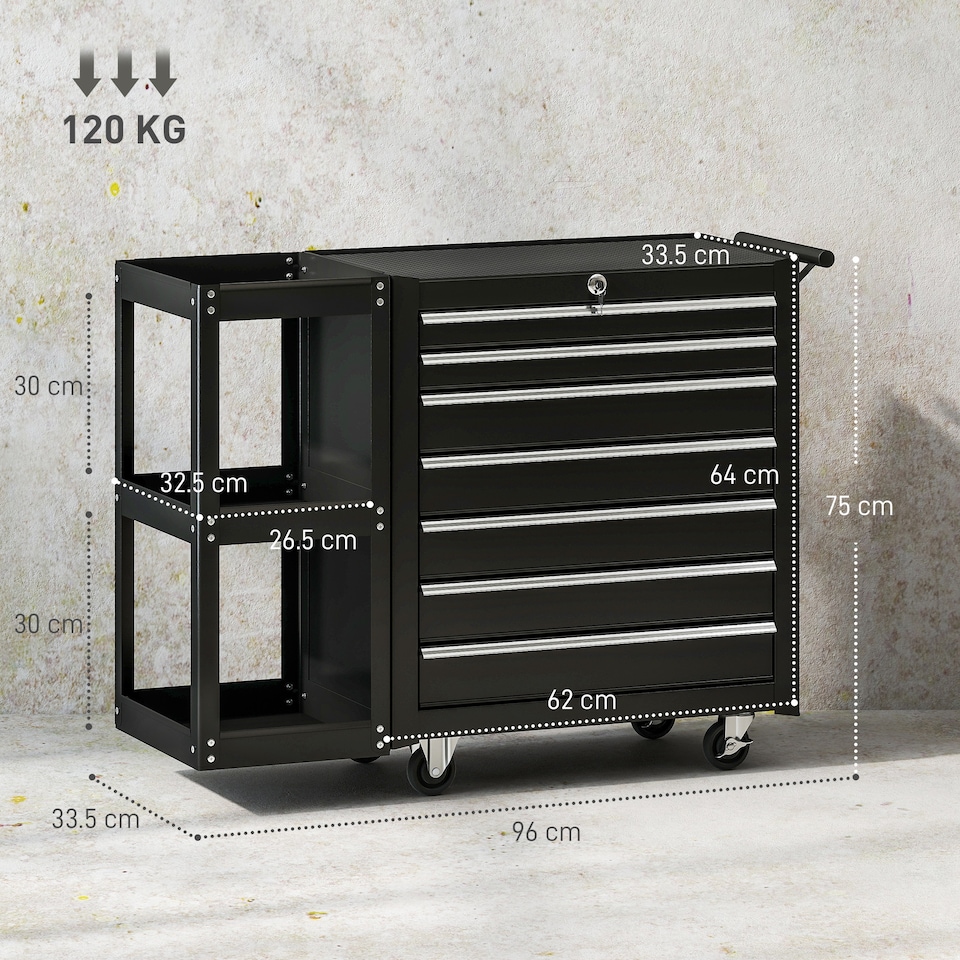 image 1 of HOMCOM 7 Drawer Lockable Steel Tool Chest on Wheels for Workshop, Black