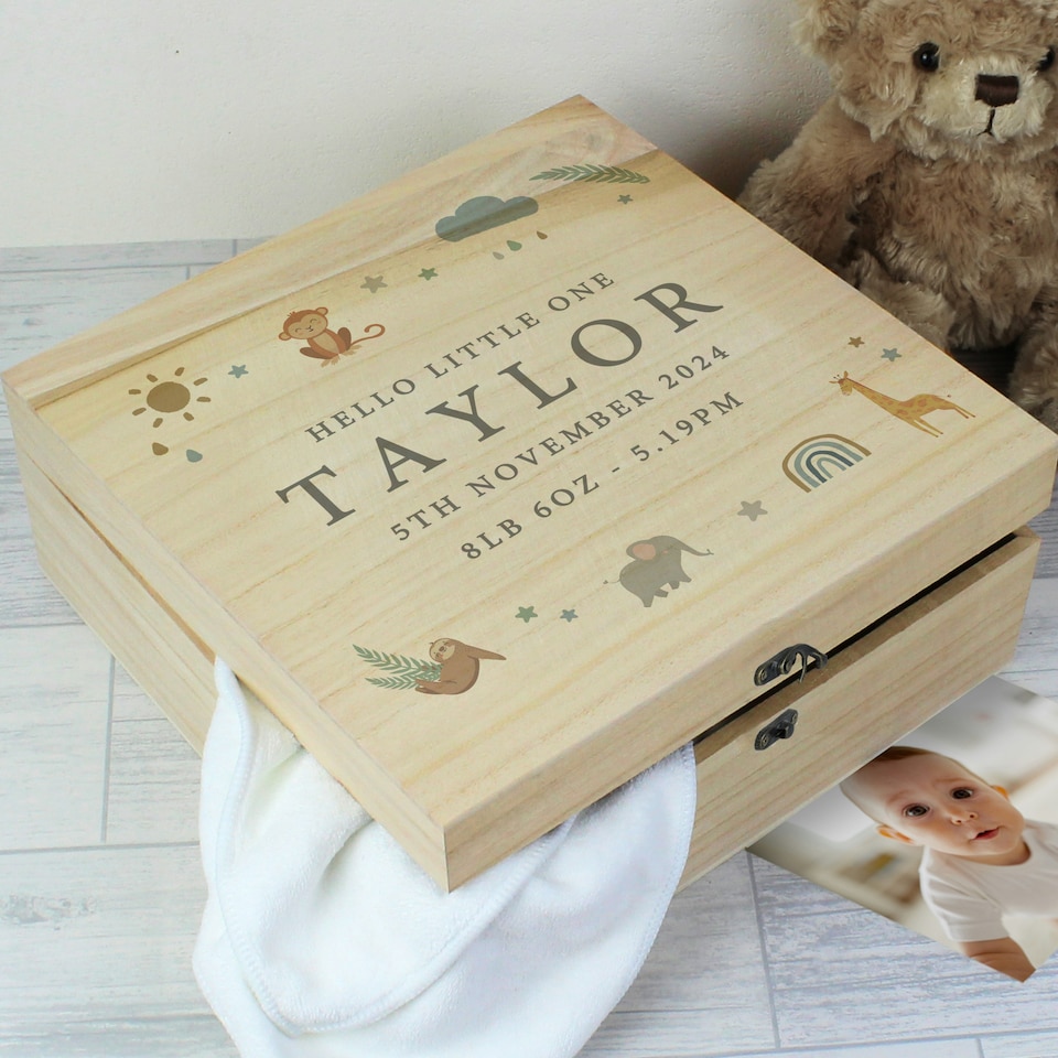 image 1 of Personalised Safari Animals Large Wooden Keepsake Box Brown