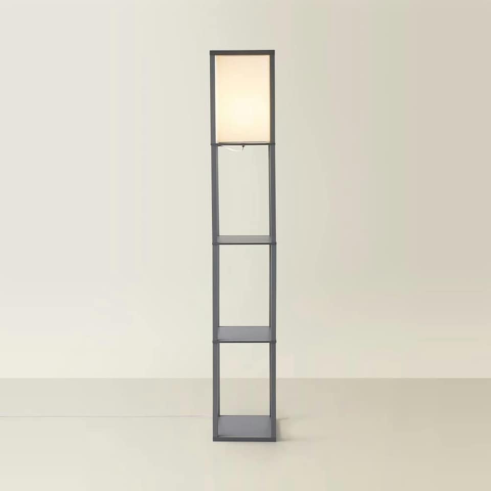 image 1 of ValueLights Struttura Grey Shelving Floor Lamp with Fabric Shade | Grey