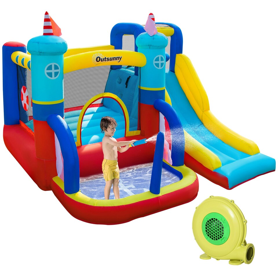 image 1 of Outsunny Kids Bouncy Castle with Slide Pool Trampoline Climbing Wall w/ Blower