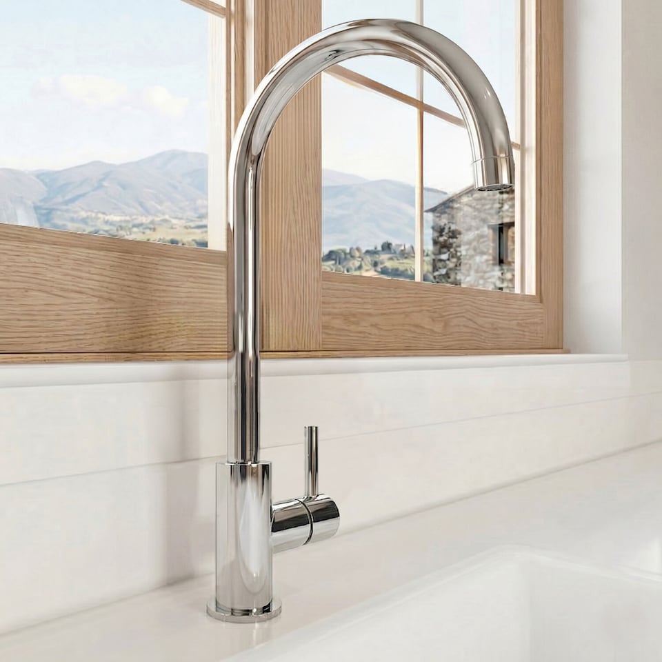 image 1 of Balterley Lacerta Minimalist Kitchen Mono Mixer Tap with Single Lever Handle, High Curved Spout | Silver | Chrome | 1