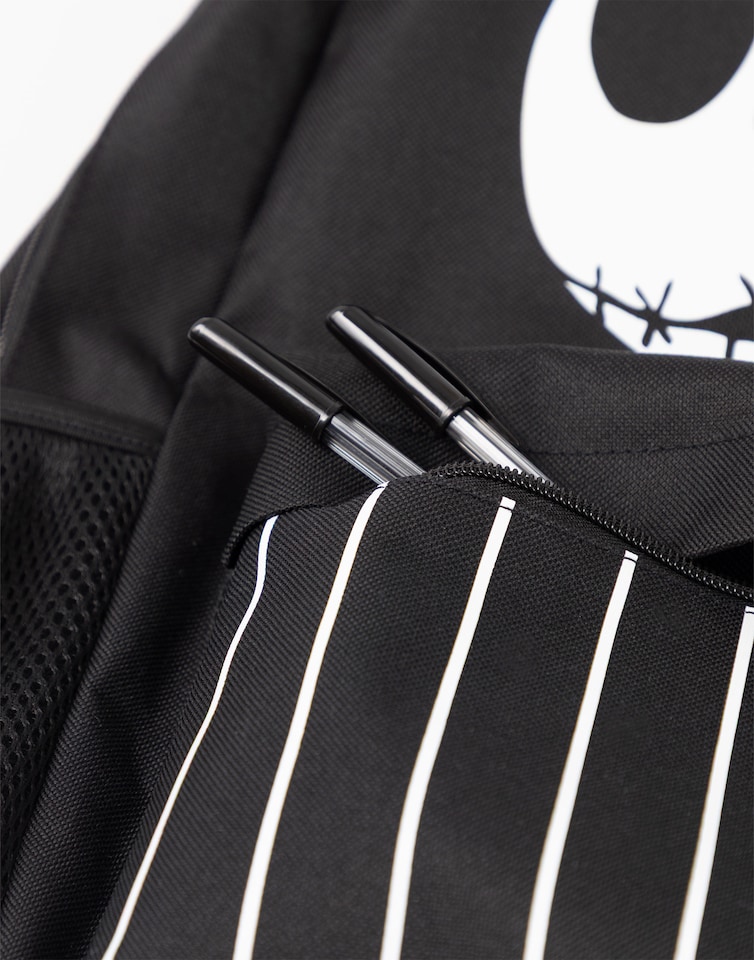 image 1 of Disney The Nightmare Before Christmas Jack Skellington Backpack | Black and White Stripes Design | Zip-Up School Bag for Back to School & Carrying Books | Disney Merch | Black | Black