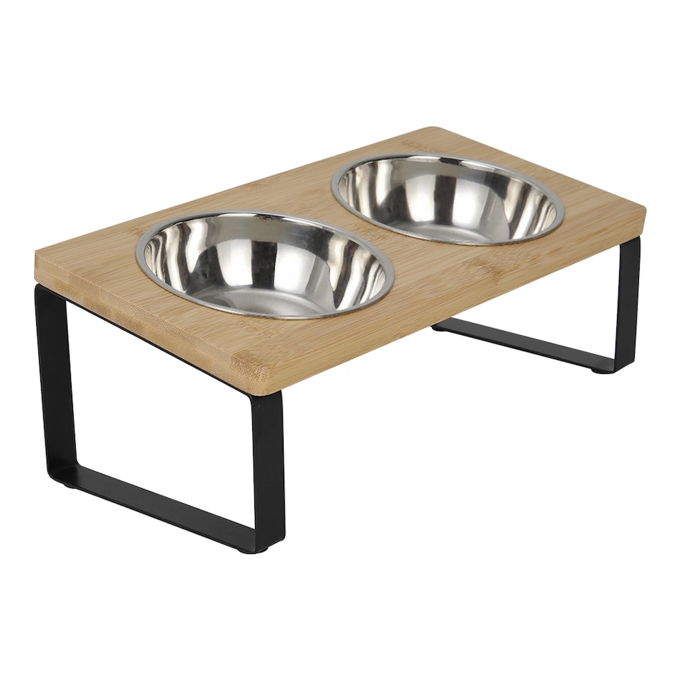 image 1 of Living and Home Elevated Dual-Bowl Pet Feeder with 10° Tilt – Stainless Steel Bowls | Brown | Grey | 33cm W x 16cm D x 12cm H | 1