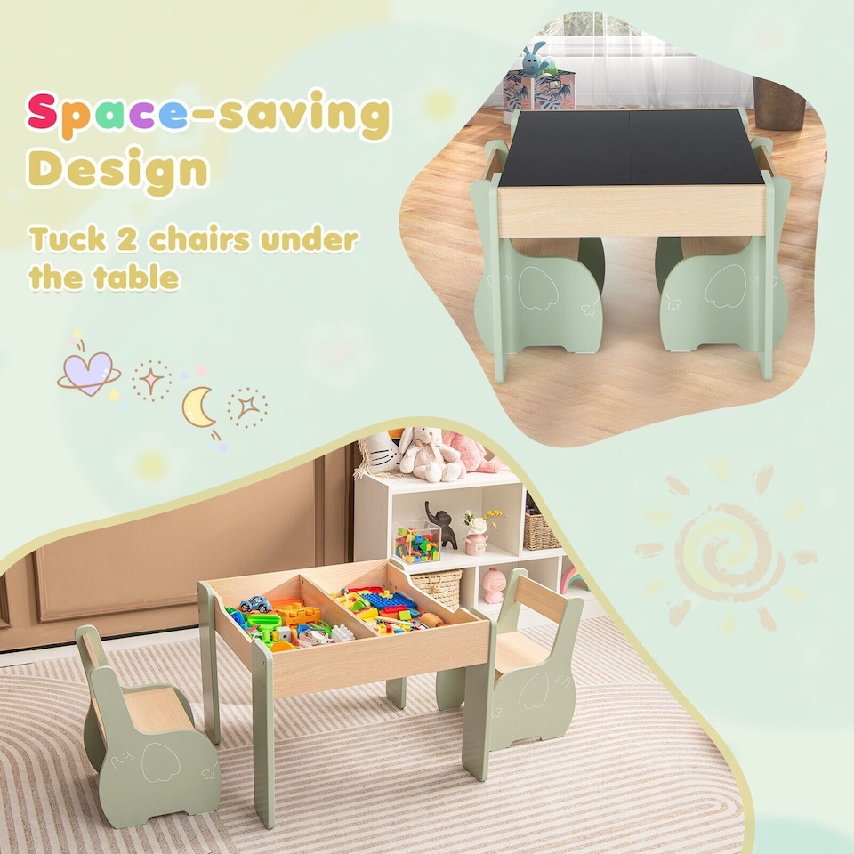 image 1 of COSTWAY Wooden Kids Table and Chair Set with Storage Green