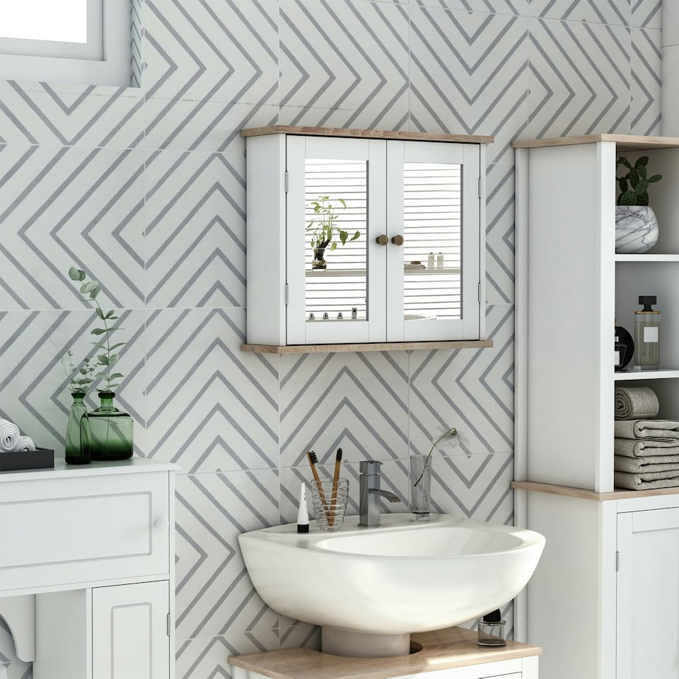 image 1 of kleankin Bathroom Mirror Cabinet Wall Mounted Storage Cupboard W/ Double Door