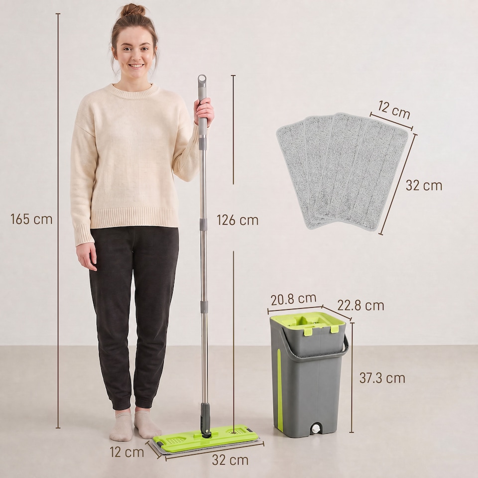 image 1 of HOMCOM Mop and Bucket Set, Compact Flat Mop System, Dark Grey and Green