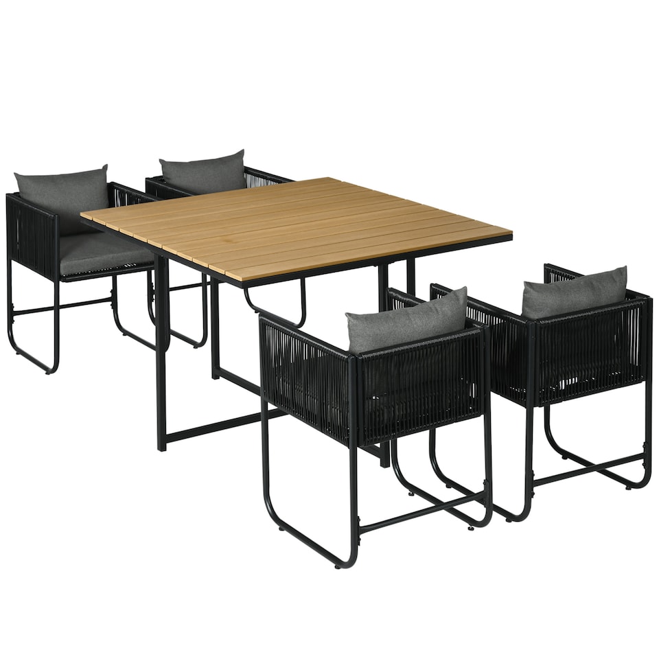 image 1 of Outsunny 4 Seater Rattan Cube Garden Furniture Set, Rattan Dining Set with Cushions, Outdoor Dining Table and Chairs with Rectangular Wood Grain Plastic Top Table for Patio, Balcony, Black