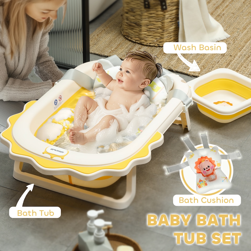 image 1 of AIYAPLAY Foldable Baby Bath Tub Set with Bath Cushion, Wash Basin, Yellow