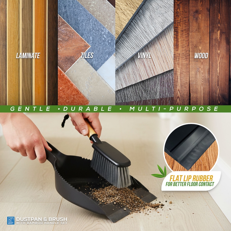 image 1 of Bamboo Handled Black Dustpan and Brush Set