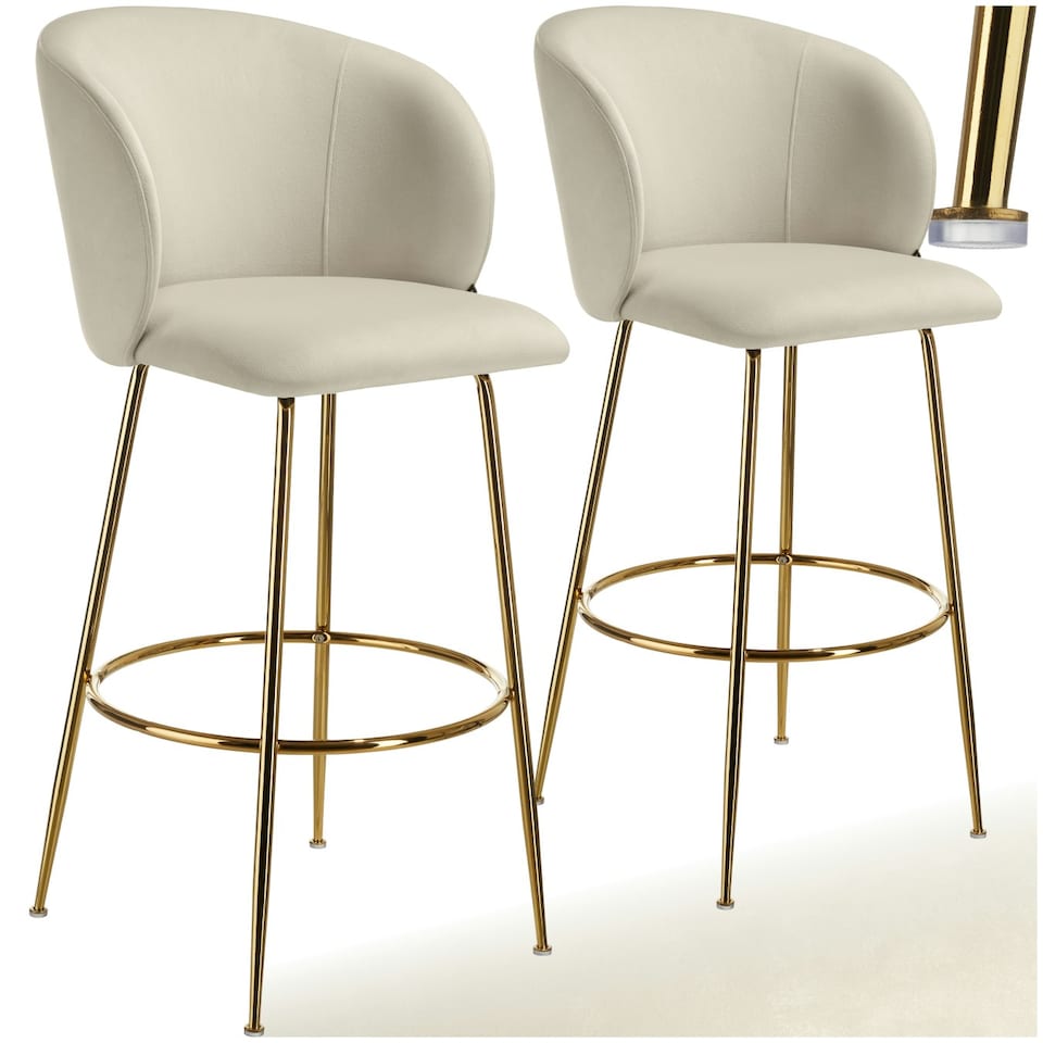 image 1 of Bar Stool Luana - with backrest, velvet look and padded - Set of 2 Cream | Gold