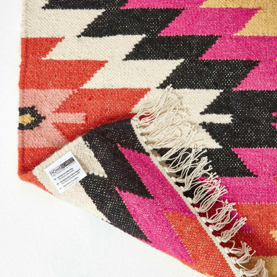 image 1 of Homescapes Jakarta Handwoven Geometric KIlim Wool Rug - 160 x 230 cm | Pink | Pink, orange, black, white and yellow
