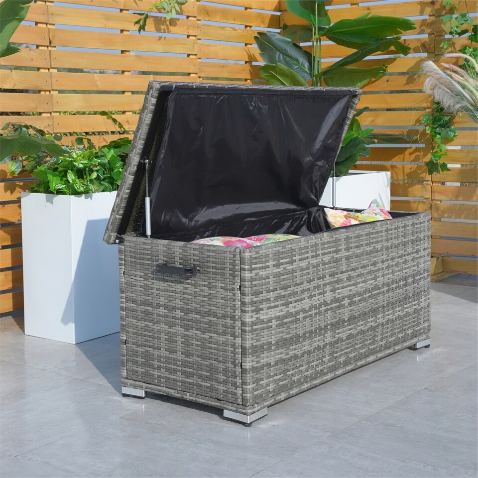 image 1 of Direct Wicker 243L Outdoor Garden Rattan Storage Box, Small Deck Storage Box for Patio, Yard | Grey