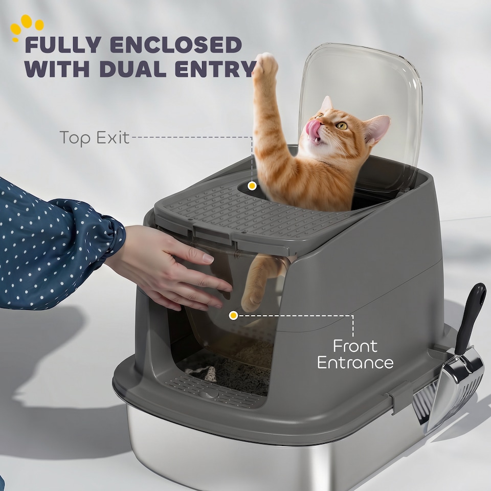 image 1 of PawHut Stainless Steel Litter Box, Enclosed Metal Cat Litter Tray with Scoop