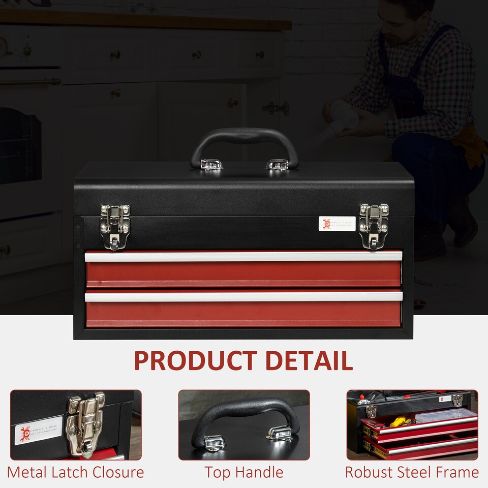 image 1 of DURHAND 2 Drawer Tool Chest, Lockable Metal Tool Bowith Ball Bearing Runners, Portable Toolbox, 460mm 240mm 220mm, Black | Black | Red | 1