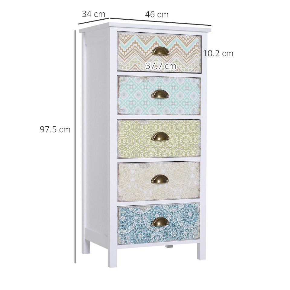 image 1 of HOMCOM Storage Chest Unit Dresser 5 Drawer Retro Style Wood White Entryway