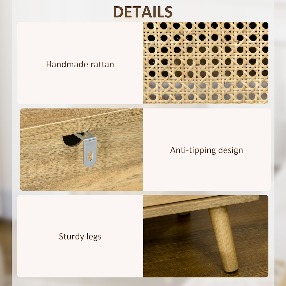 image 1 of HOMCOM Bedside Table Nightstand with Storage Shelf and Door Cupboard, Side End Table with Rattan Element and Tapered Leg for Living Room, Bedroom, Set of 2, Natural